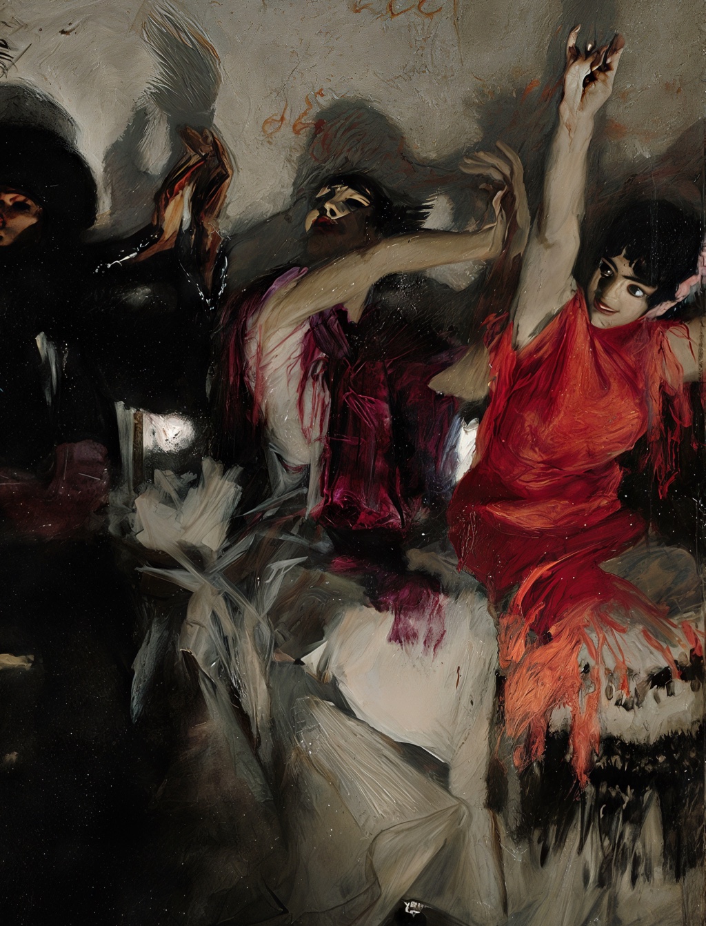 Red shawls and raised hands in El Jaleo